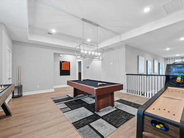 21310 Blue Wood Aster Ct, Cypress, TX 77433 - recreation room with pool table, light wood-type flooring, a raised ceiling, and recessed lighting