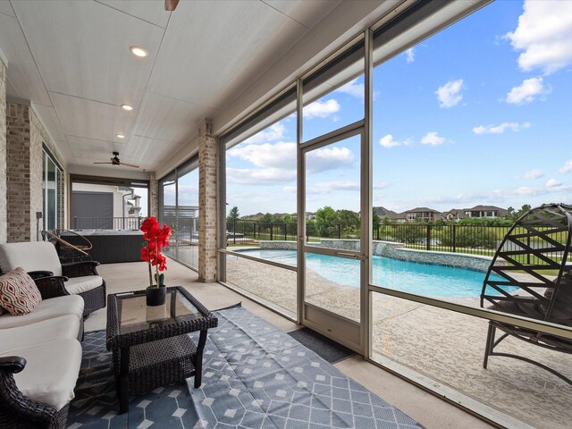 21310 Blue Wood Aster Ct, Cypress, TX 77433 - sunroom / solarium with ceiling fan, carpet flooring, an outdoor hangout area, and recessed lighting
