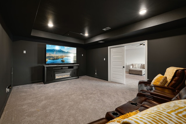 6523 Poplar Meadow Ln, Katy, TX 77493 - carpeted home theater room with a raised ceiling and a ceiling fan
