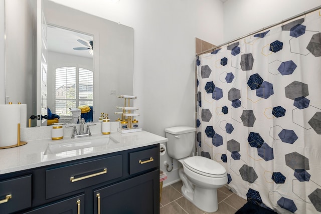 6523 Poplar Meadow Ln, Katy, TX 77493 - bathroom with a ceiling fan, vanity, tile patterned floors, and a shower with curtain