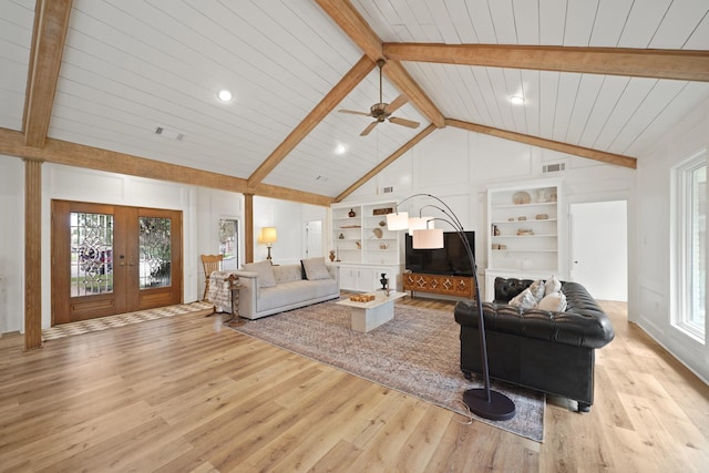 15722 Falmouth Dr, Houston, TX 77059 - living room with light wood-style flooring, french doors, plenty of natural light, ceiling fan, and wood ceiling