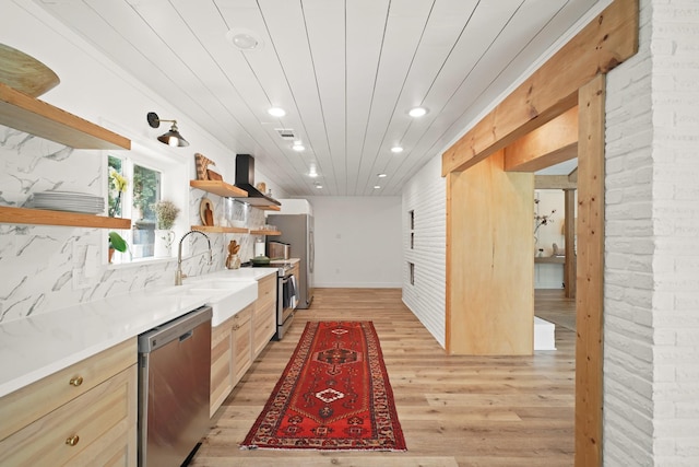 15722 Falmouth Dr, Houston, TX 77059 - kitchen with appliances with stainless steel finishes, open shelves, exhaust hood, light wood-type flooring, and recessed lighting