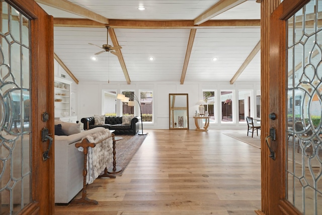 15722 Falmouth Dr, Houston, TX 77059 - entryway featuring french doors, wood finished floors, ceiling fan, and wooden ceiling