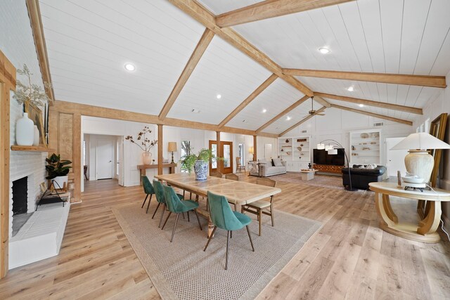 15722 Falmouth Dr, Houston, TX 77059 - dining room featuring a fireplace, light wood-type flooring, a ceiling fan, recessed lighting, and wooden ceiling