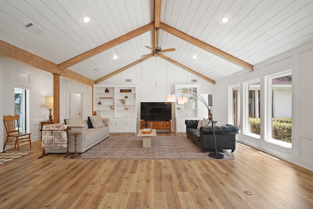 15722 Falmouth Dr, Houston, TX 77059 - living room with plenty of natural light, light wood finished floors, recessed lighting, wood ceiling, and ceiling fan