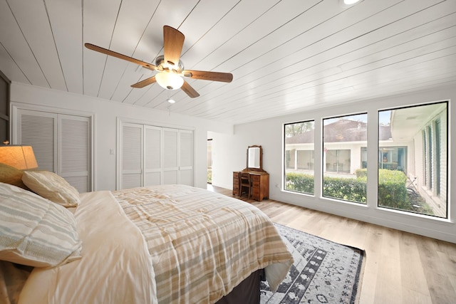 15722 Falmouth Dr, Houston, TX 77059 - bedroom featuring wood ceiling, wood finished floors, two closets, and ceiling fan