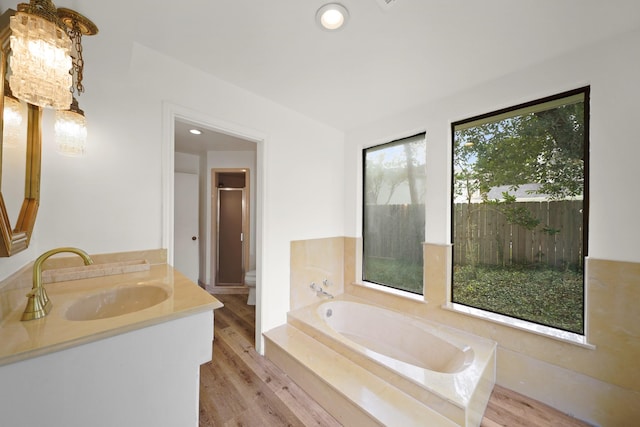 15722 Falmouth Dr, Houston, TX 77059 - bathroom with a garden tub, wood finished floors, vanity, a shower stall, and recessed lighting