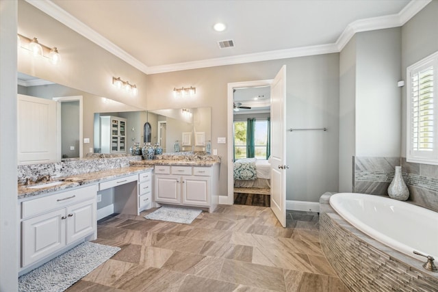 32319 Tall Oaks Way, Magnolia, TX 77354 - full bathroom featuring crown molding, vanity, a garden tub, ensuite bathroom, and ceiling fan