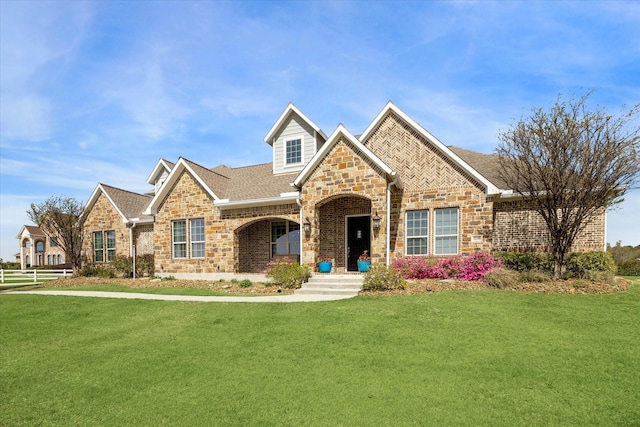 32319 Tall Oaks Way, Magnolia, TX 77354 - view of front of property with stone siding, a front yard, roof with shingles, and brick siding
