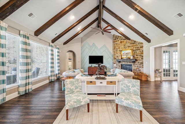 32319 Tall Oaks Way, Magnolia, TX 77354 - living area with a ceiling fan, beam ceiling, wood finished floors, arched walkways, and recessed lighting