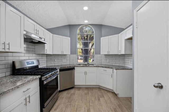 5622 Lycomb Dr, Houston, TX 77053 - kitchen with stainless steel appliances, ventilation hood, lofted ceiling, light stone countertops, and light wood finished floors