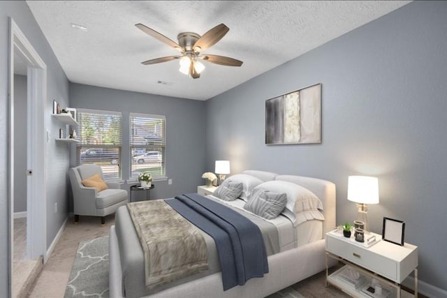 5622 Lycomb Dr, Houston, TX 77053 - carpeted bedroom featuring a ceiling fan and a textured ceiling