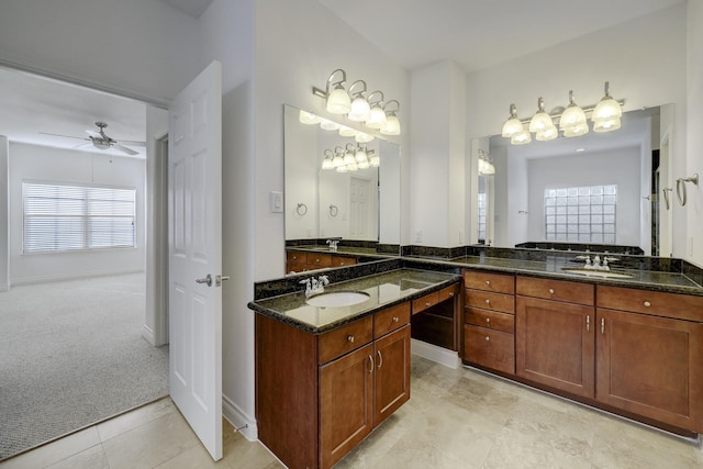7539 Highmeadow, Houston, TX 77063 - full bathroom featuring two vanities, a ceiling fan, and tile patterned flooring