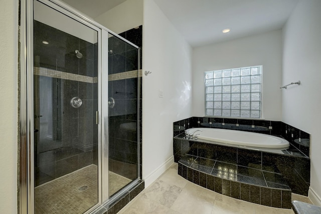 7539 Highmeadow, Houston, TX 77063 - bathroom featuring a garden tub, a stall shower, and recessed lighting