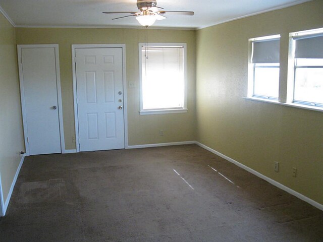 4911 Delano St, Houston, TX 77004 - carpeted entrance foyer featuring ornamental molding, a ceiling fan, and healthy amount of natural light
