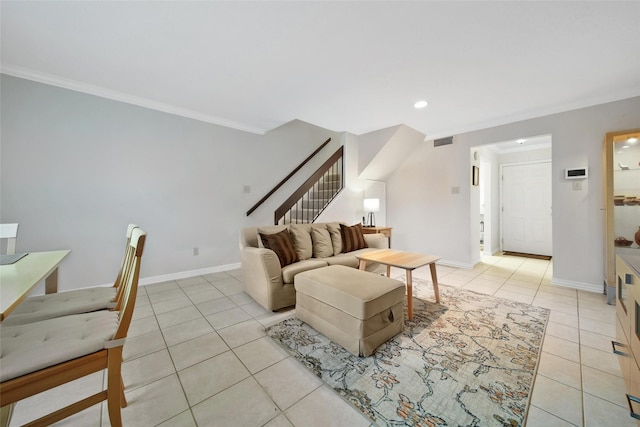 2002 Gentryside Dr Unit 117, Houston, TX 77077 - living area with light tile patterned floors, stairway, crown molding, and recessed lighting