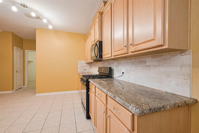 3803 Doveswood Cir, Needville, TX 77461 - kitchen featuring black appliances, light tile patterned floors, light brown cabinets, tasteful backsplash, and a textured ceiling