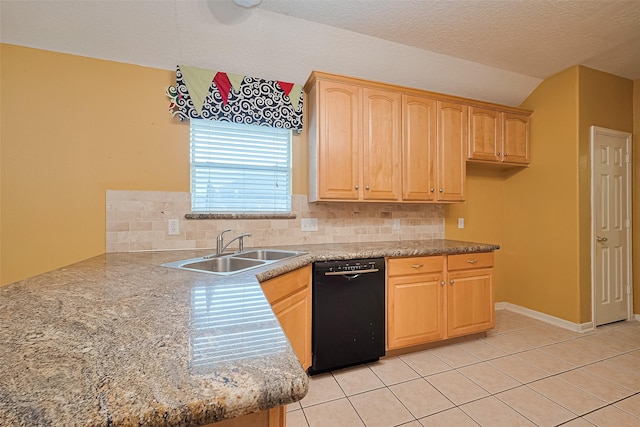 3803 Doveswood Cir, Needville, TX 77461 - kitchen with dishwasher, lofted ceiling, light brown cabinets, decorative backsplash, and a peninsula