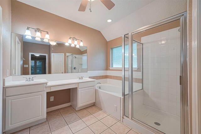 3803 Doveswood Cir, Needville, TX 77461 - bathroom featuring tile patterned floors, a stall shower, a ceiling fan, double vanity, and a garden tub