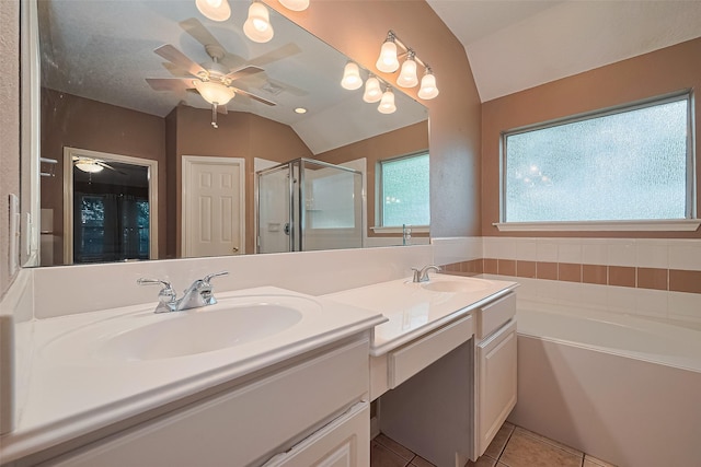 3803 Doveswood Cir, Needville, TX 77461 - bathroom with lofted ceiling, double vanity, a ceiling fan, tile patterned floors, and a shower stall