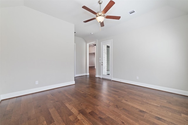12722 Noble Fields Way, Cypress, TX 77433 - empty room with ceiling fan, vaulted ceiling, and dark wood finished floors
