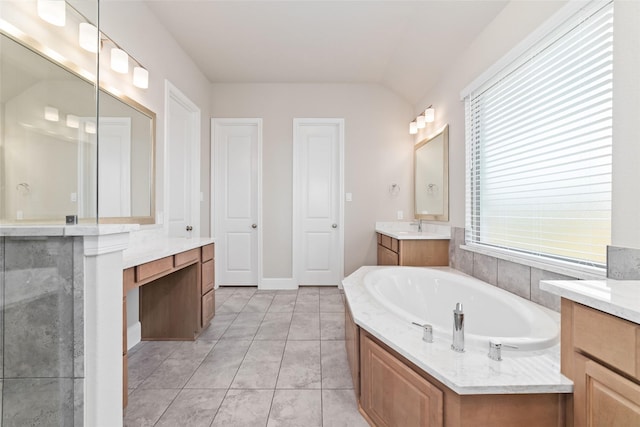 12722 Noble Fields Way, Cypress, TX 77433 - full bathroom featuring vanity, a garden tub, lofted ceiling, and tile patterned floors
