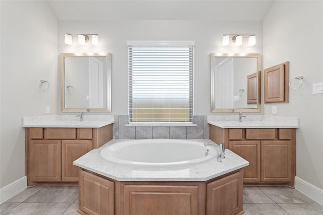 12722 Noble Fields Way, Cypress, TX 77433 - full bath with a garden tub, two vanities, and tile patterned floors
