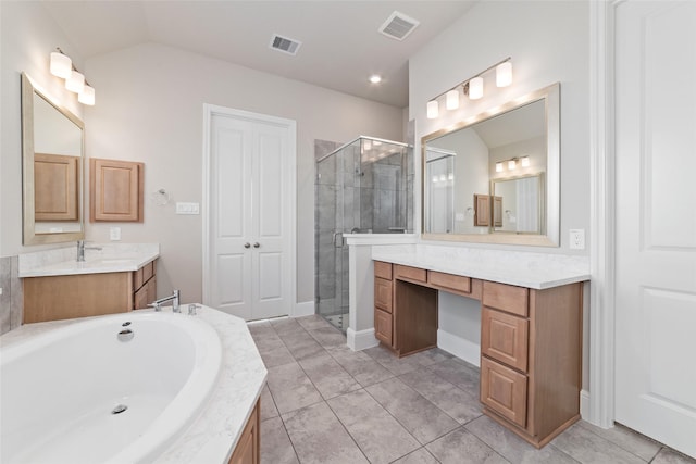 12722 Noble Fields Way, Cypress, TX 77433 - bathroom featuring a shower stall, a garden tub, vanity, and tile patterned flooring