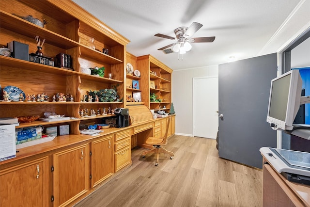 3101 Yost Blvd, Pearland, TX 77581 - office with ceiling fan, light wood-style floors, and built in study area