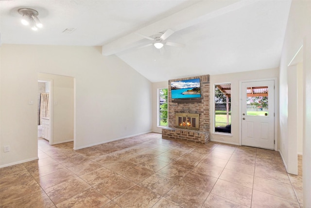 10314 Paintbrush Ln, Sugar Land, TX 77498 - unfurnished living room featuring healthy amount of natural light, a fireplace, and ceiling fan