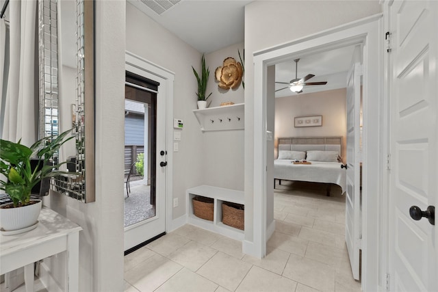 15247 Parkland Canyon Dr, Cypress, TX 77433 - mudroom featuring a ceiling fan and light tile patterned flooring