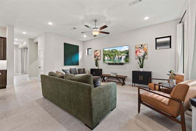 15247 Parkland Canyon Dr, Cypress, TX 77433 - living room with ceiling fan, recessed lighting, and light tile patterned floors