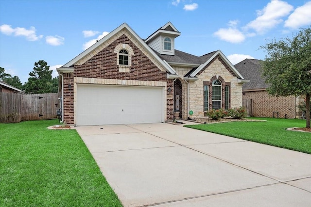 30119 Saw Oaks Dr, Magnolia, TX 77355 - view of front of home featuring stone siding, concrete driveway, brick siding, a shingled roof, and a garage