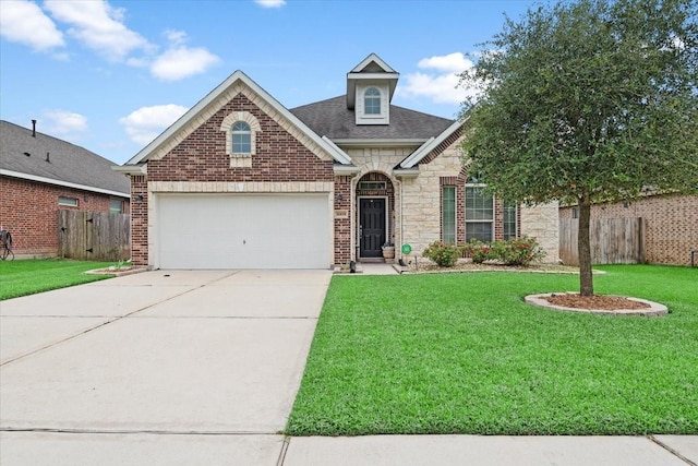 30119 Saw Oaks Dr, Magnolia, TX 77355 - traditional home featuring stone siding, driveway, an attached garage, a shingled roof, and brick siding