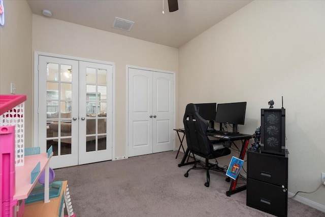 30119 Saw Oaks Dr, Magnolia, TX 77355 - carpeted office space with french doors and a ceiling fan