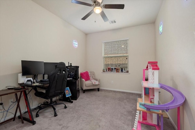 30119 Saw Oaks Dr, Magnolia, TX 77355 - office area with healthy amount of natural light, ceiling fan, and carpet