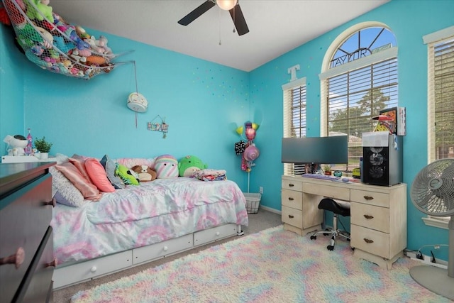 30119 Saw Oaks Dr, Magnolia, TX 77355 - bedroom with multiple windows, carpet, an office area, and ceiling fan