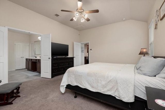 30119 Saw Oaks Dr, Magnolia, TX 77355 - bedroom featuring carpet flooring, lofted ceiling, ceiling fan, and ensuite bathroom