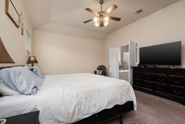 30119 Saw Oaks Dr, Magnolia, TX 77355 - bedroom with carpet flooring, lofted ceiling, a ceiling fan, and connected bathroom
