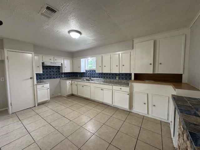 7717 Bigwood St, Houston, TX 77016 - kitchen featuring tasteful backsplash, under cabinet range hood, a textured ceiling, white cabinets, and light tile patterned flooring