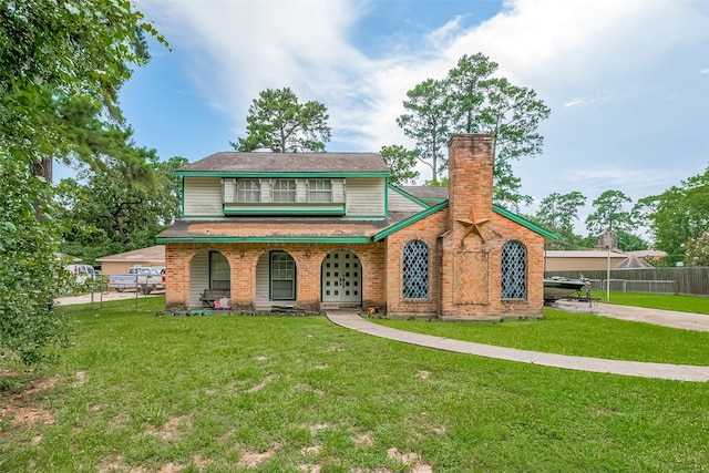 25107 Broughton St, Spring, TX 77373 - view of front facade with a chimney, covered porch, brick siding, and concrete driveway