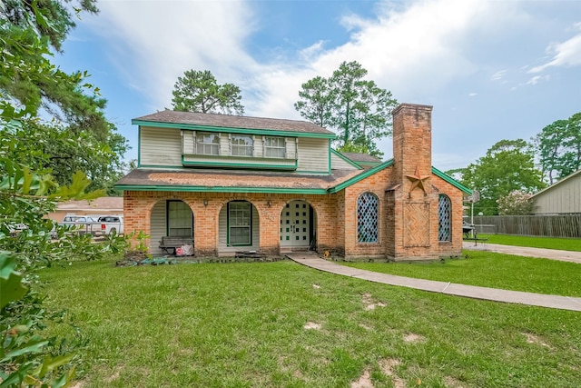 25107 Broughton St, Spring, TX 77373 - view of front facade featuring a porch, a front lawn, brick siding, and a chimney
