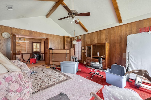 25107 Broughton St, Spring, TX 77373 - bedroom with wooden walls, beam ceiling, and high vaulted ceiling