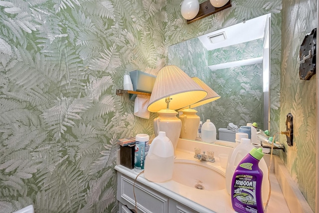 25107 Broughton St, Spring, TX 77373 - bathroom with wallpapered walls and vanity