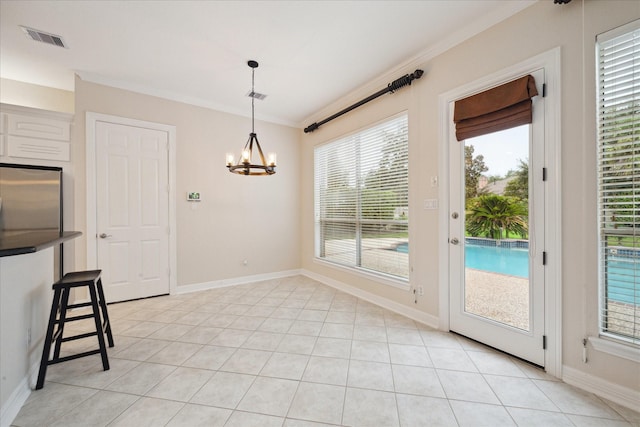 15411 Driftwood Oak Ct, Houston, TX 77059 - unfurnished dining area with a chandelier, crown molding, and light tile patterned floors