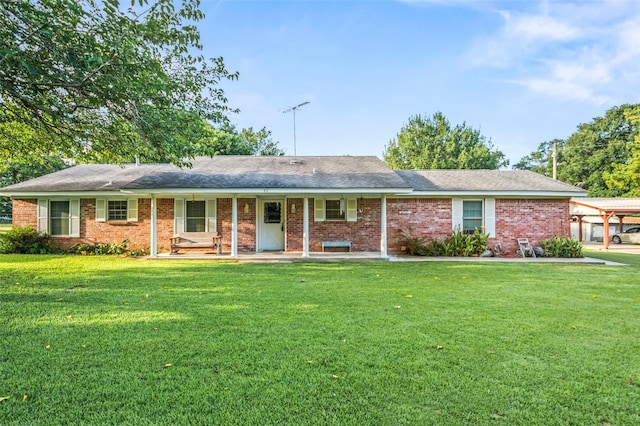 91 E Post Oak Ln, Shepherd, TX 77371 - ranch-style house with a front lawn, a porch, and brick siding