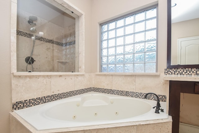6034 Gracys Landing Ln, Katy, TX 77494 - bathroom with a jetted tub, a tile shower, and vanity