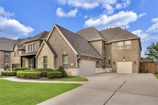 10210 Grape Creek Grove Ln, Cypress, TX 77433 - french provincial home featuring stone siding, driveway, a shingled roof, and a garage