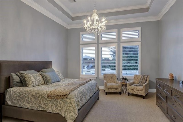 10210 Grape Creek Grove Ln, Cypress, TX 77433 - bedroom featuring a chandelier, a tray ceiling, light colored carpet, and crown molding