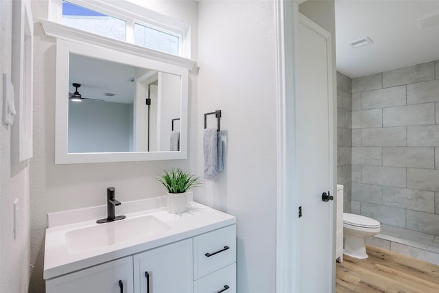 10260 Field Stone Dr, Houston, TX 77041 - bathroom with vanity, wood finished floors, and a ceiling fan